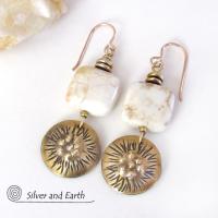 Textured Gold Brass Dangle Earrings with White Magnesite Stones