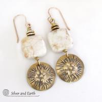 Textured Gold Brass Dangle Earrings with White Magnesite Stones