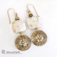 Textured Gold Brass Dangle Earrings with White Magnesite Stones