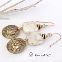 Textured Gold Brass Dangle Earrings with White Magnesite Stones