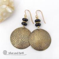 Gold Brass Spiral of Life Earrings with Black Onyx Stones - Bold Modern Artisan Handmade Jewelry