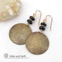 Gold Brass Spiral of Life Earrings with Black Onyx Stones - Bold Modern Artisan Handmade Jewelry