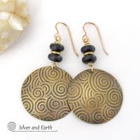 Gold Brass Spiral of Life Earrings with Black Onyx Stones - Bold Modern Artisan Handmade Jewelry