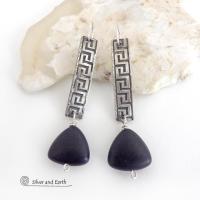 Sterling Silver Greek Key Earrings with Triangular Shaped Matte Black Onyx Stones