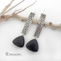 Sterling Silver Greek Key Earrings with Triangular Shaped Matte Black Onyx Stones