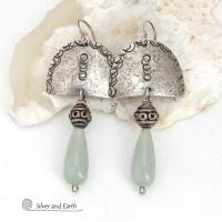Sterling Silver Earrings with Green Aventurine Gemstones - Unique Funky Bohemian Tribal Jewelry