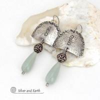 Sterling Silver Earrings with Green Aventurine Gemstones - Unique Funky Bohemian Tribal Jewelry