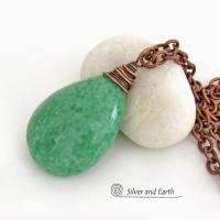 Large Chunky Green Jade Pendant Necklace Copper Wire Wrapped - Modern Earthy Natural Stone Jewelry