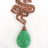 Large Chunky Green Jade Pendant Necklace Copper Wire Wrapped - Modern Earthy Natural Stone Jewelry