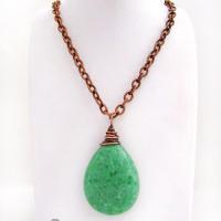 Large Chunky Green Jade Pendant Necklace Copper Wire Wrapped - Modern Earthy Natural Stone Jewelry