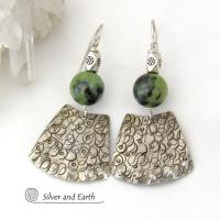 Bold Exotic Sterling Silver Earrings with Green Jade Gemstones