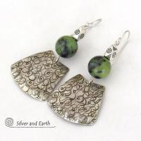 Bold Exotic Sterling Silver Earrings with Green Jade Gemstones