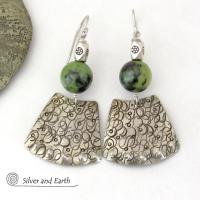 Bold Exotic Sterling Silver Earrings with Green Jade Gemstones