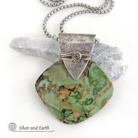 Green Rhyolite Jasper Sterling Silver Necklace - Handcrafted Unique One of a Kind Natural Stone Jewelry