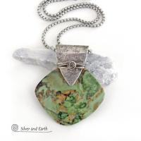 Green Rhyolite Jasper Sterling Silver Necklace - Handcrafted Unique One of a Kind Natural Stone Jewelry