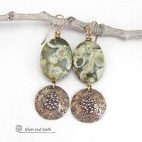 Green Rainforest Jasper Gemstone Earrings with Hammered Gold Brass Dangles