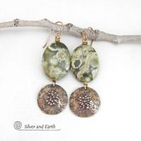 Green Rainforest Jasper Gemstone Earrings with Hammered Gold Brass Dangles