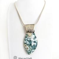 Green Tree Jasper Sterling Silver Necklace - Unique Natural Stone Jewelry