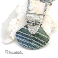 Green Zebra Jasper Sterling Silver Necklace - Unique Natural One of a Kind Stone Jewelry