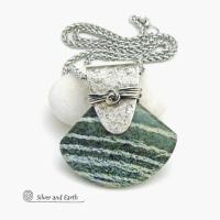 Green Zebra Jasper Sterling Silver Necklace - Unique Natural One of a Kind Stone Jewelry