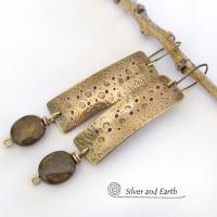 Hammered Gold Brass Rectangle Earrings with Rustic Organic Texture and Earthy Natural Brown Bronzite Stones