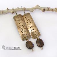 Hammered Gold Brass Rectangle Earrings with Rustic Organic Texture and Earthy Natural Brown Bronzite Stones