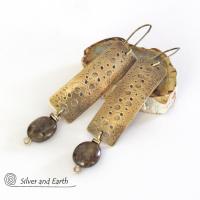 Hammered Gold Brass Rectangle Earrings with Rustic Organic Texture and Earthy Natural Brown Bronzite Stones