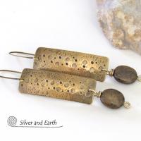 Hammered Gold Brass Rectangle Earrings with Rustic Organic Texture and Earthy Natural Brown Bronzite Stones