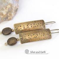 Hammered Gold Brass Rectangle Earrings with Rustic Organic Texture and Earthy Natural Brown Bronzite Stones