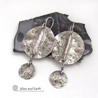 Rustic Hammered Oxidized Solid Sterling Silver Dangle Earrings - Edgy Modern Organic Silver Jewelry