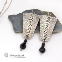 Hammered Sterling Silver Earrings with Black Onyx Dangles - Artisan Handmade Earthy Organic Edgy Modern Jewelry