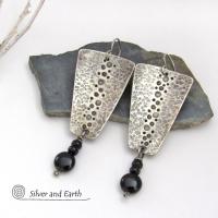 Hammered Sterling Silver Earrings with Black Onyx Dangles - Artisan Handmade Earthy Organic Edgy Modern Jewelry