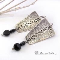 Hammered Sterling Silver Earrings with Black Onyx Dangles - Artisan Handmade Earthy Organic Edgy Modern Jewelry