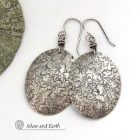 Modern Contemporary Sterling Silver Oval Dangle Earrings with Intricate Hand Stamped Texture