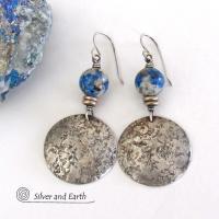 Sterling Silver Earrings with White Black Blue Azurite K2 Granite Stones - Artisan Handcrafted Unique Gemstone Jewelry