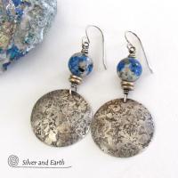 Sterling Silver Earrings with White Black Blue Azurite K2 Granite Stones - Artisan Handcrafted Unique Gemstone Jewelry