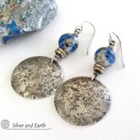 Sterling Silver Earrings with White Black Blue Azurite K2 Granite Stones - Artisan Handcrafted Unique Gemstone Jewelry