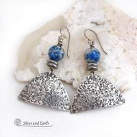 Rustic Hammered Sterling Silver Earrings with White Black Blue K2 Granite Gemstones