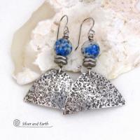 Rustic Hammered Sterling Silver Earrings with White Black Blue K2 Granite Gemstones