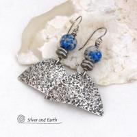 Rustic Hammered Sterling Silver Earrings with White Black Blue K2 Granite Gemstones