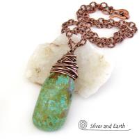 Kingman Turquoise Pendant with Textured Copper Chain - American Turquoise Jewelry