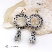Silver Pewter Hand Stamped Hoop Earrings with Kiwi Jasper Stones - Modern Earthy Natural Stone Bohemian Style Jewelry