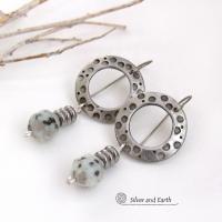 Silver Pewter Hand Stamped Hoop Earrings with Kiwi Jasper Stones - Modern Earthy Natural Stone Jewelry