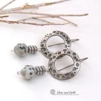 Silver Pewter Hand Stamped Hoop Earrings with Kiwi Jasper Stones - Modern Earthy Natural Stone Bohemian Style Jewelry