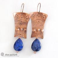 Copper Egyptian Earrings with Lapis Lazuli Gemstones - Bold Exotic Jewelry