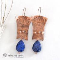 Copper Egyptian Earrings with Lapis Lazuli Gemstones - Bold Exotic Jewelry