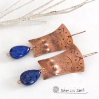 Copper Egyptian Earrings with Lapis Lazuli Gemstones - Bold Exotic Jewelry