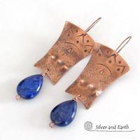 Copper Egyptian Earrings with Lapis Lazuli Gemstones - Bold Exotic Jewelry