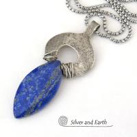 Sterling Silver Pendant Necklace with Natural Blue Lapis Lazuli Gemstone 