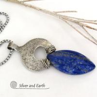 Sterling Silver Pendant Necklace with Natural Blue Lapis Lazuli Gemstone 